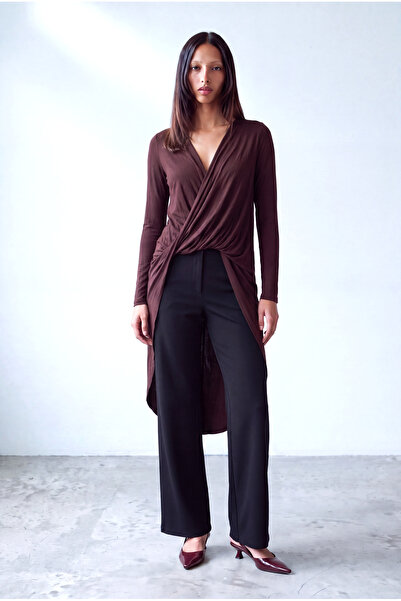WESTMARK LONDON Women's Dark Brown Viscose V-Neck Long Sleeve Asymmetrical Cu...