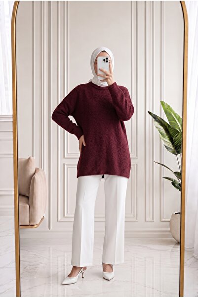MİHRA STORE Mediha Rundhalspullover aus weichem Stoff – KR6049 Weinrot