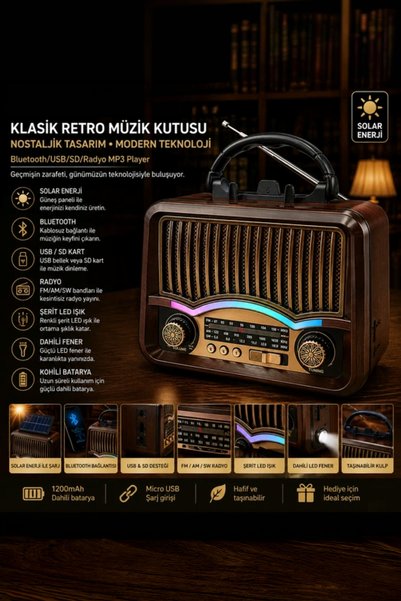 AYACO Retro Nostaljik Radyo Güneş Enerjili Fenerli Bluetooth Hoparlör USB/SD MP3 Müzik Çalar YG-7082BTS