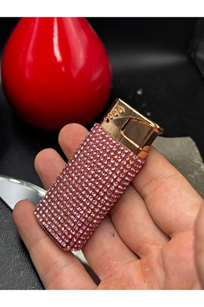 NikaŞ Özel Tasarım Premium Pembe Taş Kaplama Lüks Metal Gövdeli Gazlı Jet Alevli Çakmak