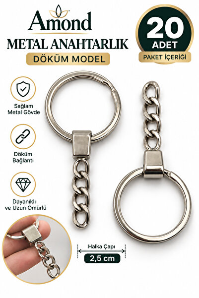 amond 1. Kalite Pürüzsüz Döküm Anahtarlık Halkası 2,5 cm Nikel Zincirli Sağla...
