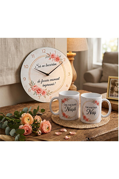 ALL PAPICKS Set Cadou Nași – Ceas Perete Personalizat și 2 Căni Ceramice 350 ml