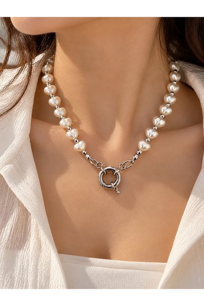 Generic Brand Heart Pearl Detailed Silver Color Necklace – Elegant Women's Necklace