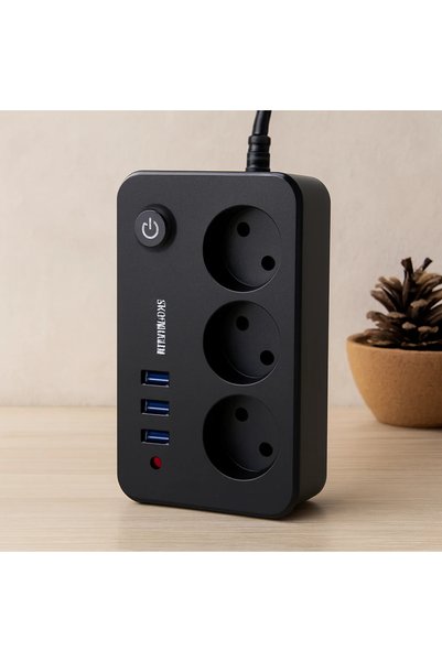 ARNEER Anahtarlı Termal Korumalı 3'Lü Priz + 3Xusb 2.1A 2M Uzatma Kablosu Siyah