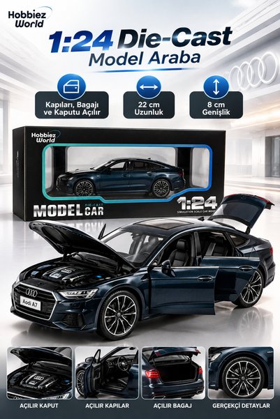 PONİKİDO Audi A7 1:24 Metal Oyuncak Model Araba Açılır Kaput Kapı Bagaj 22 cm...