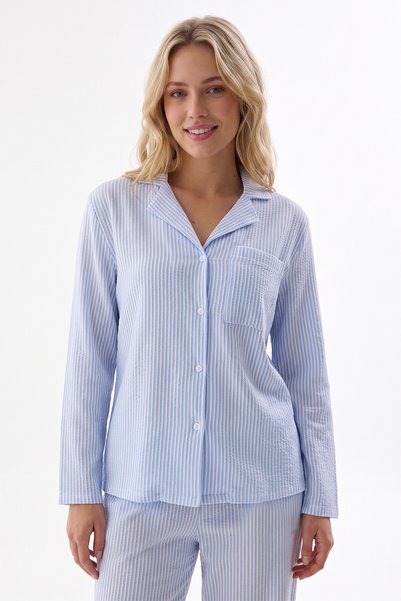 NBB Front-Buttoned Women's Pajama Set, 100% Cotton, Long Sleeve, Shirt Collar, Striped, Blue