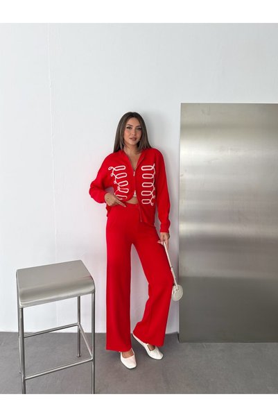 Noi Belis Zippered Contrast Embroidered Wide Leg Knitwear Top and Bottom Set ...