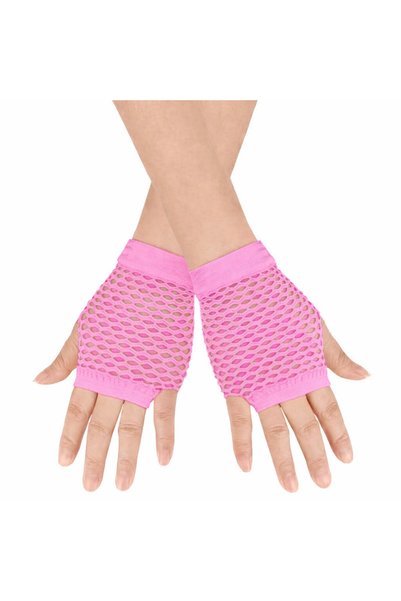 Bezos 80S 90S Retro Neon Pink Fishnet Fingerless Short Gloves 11cm