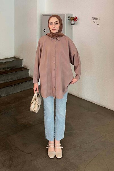 lamelif Back-Strap Tunic with Stripe Detail, Chocolate Brown