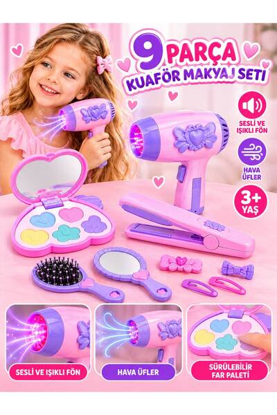 BYCEGU 9 Parça Oyuncak Kuaför ve Makyaj Seti – Sesli Işıklı Hava Üfleyen Saç ...