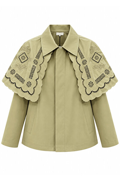 Defne Silver Scalloped Cape Detailed Khaki Jacket