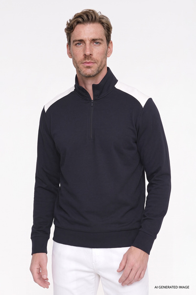 AC&Co / Altınyıldız Classics Erkek Lacivert 2 İplik Standart Fit Normal Kesim Bato Yaka Sweatshirt