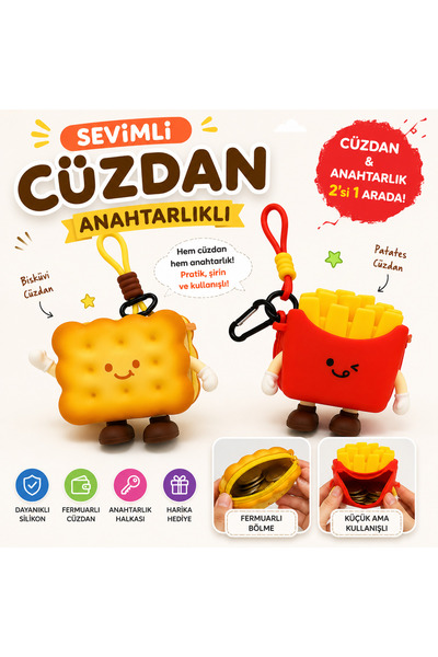 Alışveriş Kasabası Cute Biscuit and French Fries Shaped Silicone Wallet Keychain