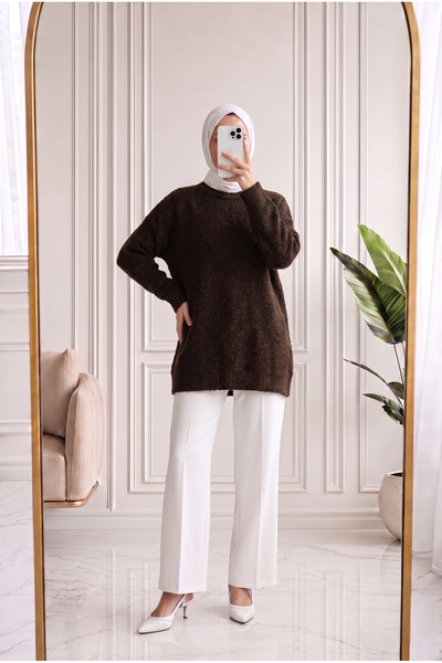 MİHRA STORE Mediha Crew Neck Plain Soft Sweater-Kr6049 Coffee