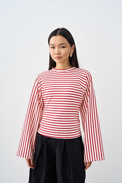LOCCO Women's Side Gathered Contrast Striped Long Sleeve T-Shirt Red