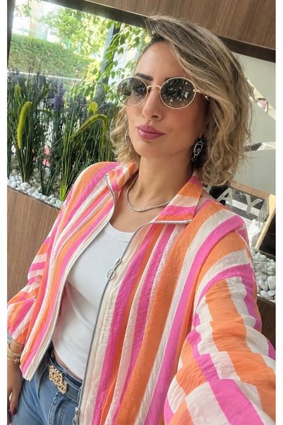 Defne Silver Striped Bomber Jacket