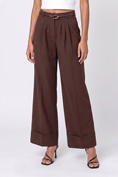 Threadbare Women Regular Fit Solid Wide Leg Pants, Dark Brown