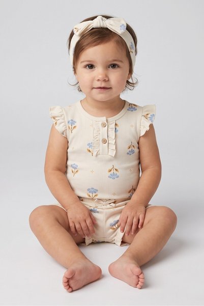 Willow + Whimsy Toddlers Girl 3 Pcs Floral Print Bodysuit And Shorts With Hea...