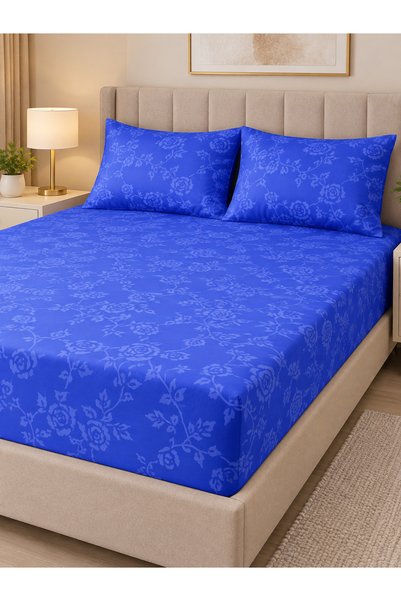 zeetwo Bedsheet Set, Royal Blue Floral Pattern, 100% Cotton, 95 GSM