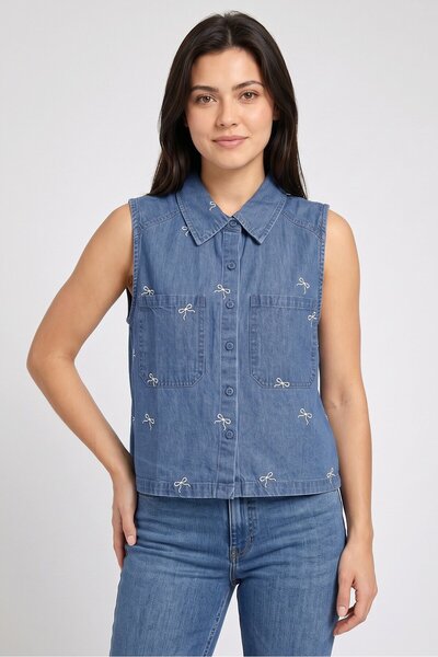 Tokyo Talkies Women Spread Collar Sleeveless Denim Tank Top, Blue