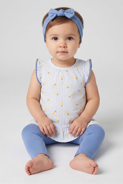 RENE ROFE Toddlers Girl 3 Pcs Allover Print Top And Plain Legging With Headba...
