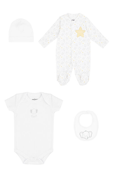 Minycenter Elephant Patterned Star Embroidered Set of 4 0 Months - 6 Months Ecru