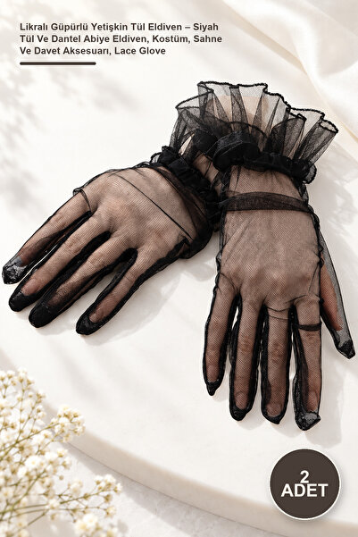 Yenilig 2 Pieces of Lycra Laced Adult Tulle Gloves – Black Tulle and Lace Eve...