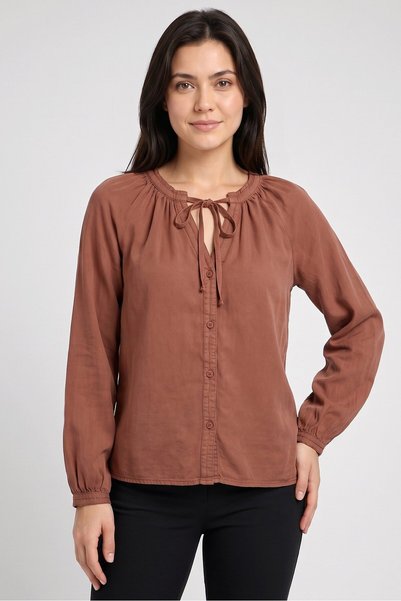 Philosophy Women Tie Neck Long Sleeve Solid Blouse, Brown