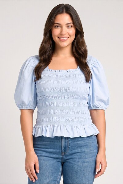 Tokyo Talkies Women Square Neck Balloon Sleeve Textured Top, Light Blue
