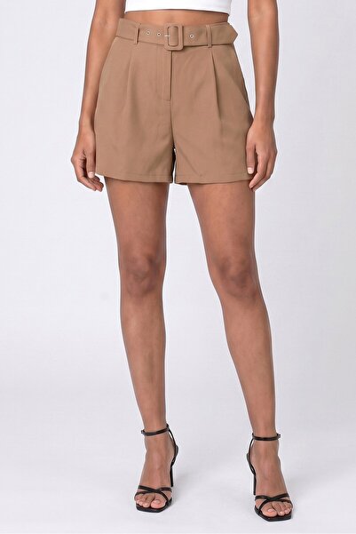Sinsay Women Plain Basic Belted Shorts, Tan