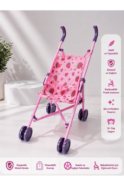 Aruba Katlanabilir Puset Pembe Renk Baston Oyuncak-Oyuncak Puset Katlanabilir Bebek Arabası Pembe Baston Plastik Bebek Puseti