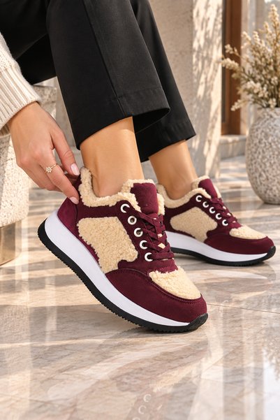 Lidora Kadın Bordo Peluş Detaylı Sneaker Günlük Rahat Kalın Taban Bağcıklı Sp...
