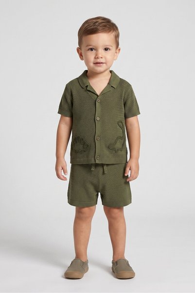 Lily & Jack Toddlers Boy 2 Pieces Embroidered Shirt And Shorts Set, Olive