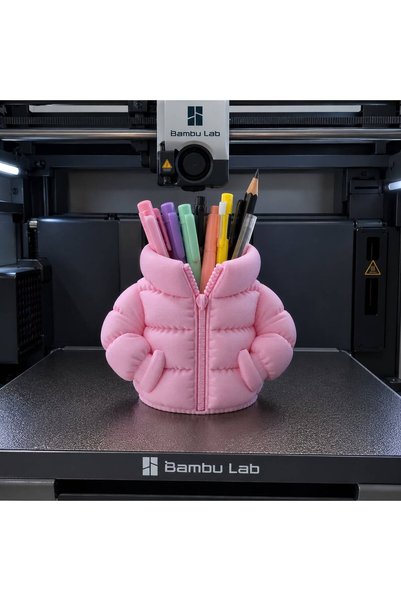 3dbaskıhobi Pembe Şişme Mont Tasarım Kalemlik - Dekoratif Masaüstü Kalemlik V...