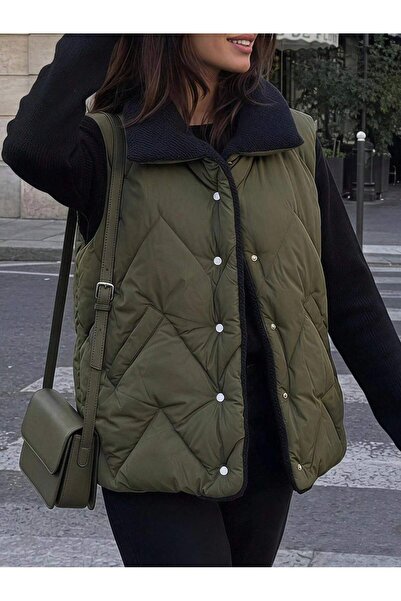 ladyzey Women's Khaki Black Plush Inside Jacket with Collar, Medium Length Vest