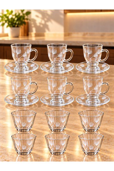 AR HOME 18 Piece Luxury Glass Tea Coffe Set White Pattern.