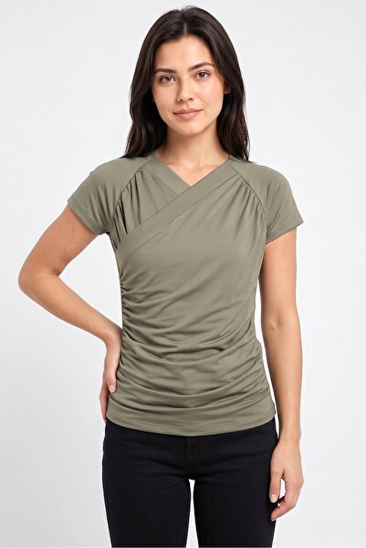 The Giving Movement Women Surplice Neckline Short Sleeve Solid Top, Dark Sage