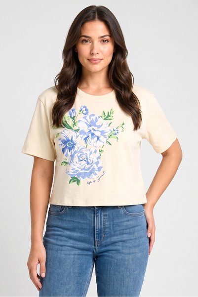 Tokyo Talkies Women Crew Neck Short Sleeve Graphic Print Crop T-Shirt, Pale Y...