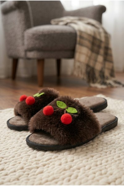 Moda Devrin Kadın Kahverengi Kiraz Detaylı Tüylü Peluş Terlik