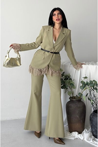 pembekurdelem Costum de damă cu jachetă și pantaloni cu detalii din dantelă, ...