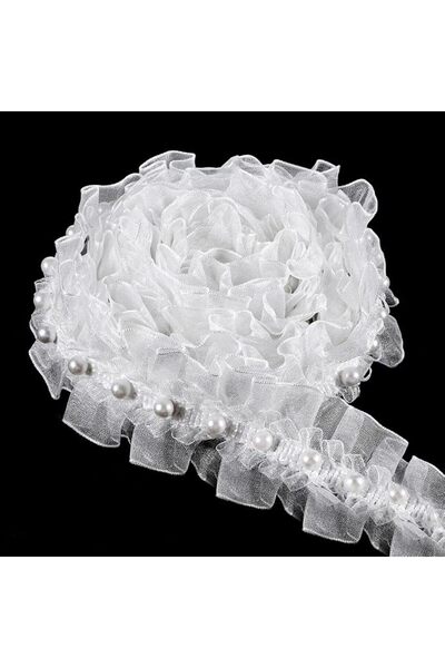 KASTWAVE 2 Yards Organza Lace Trim with Faux Pearls, Ruffled Satin Beaded Lac...