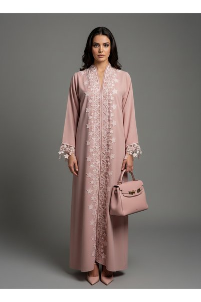 Msquare Fashion Pink Designer Star Lace with Matching Headscarf Front Open Abaya