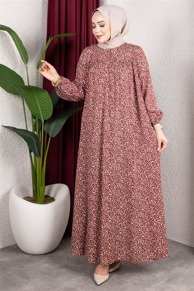 Mestore Floral Patterned Viscose Dress Bordo
