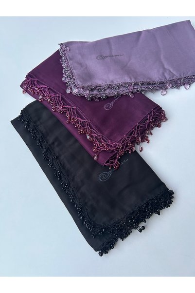 GÜNBATILI 3Pcs Handcrafted Hand Embroidered Solid Color Scarf Beaded Writing Yemenite Dowry Gift 100X100Cm