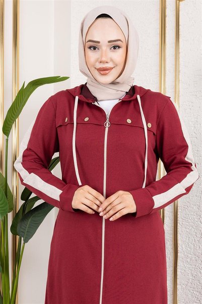 METKAR Bird's Eye Stripe Detail Sports Poncho Bordo