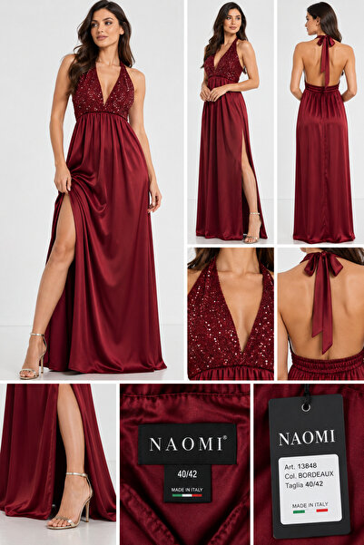 Naomi Rochie lungă de seară NAOMI, satin bordeaux, bust cu paiete, spate gol,...