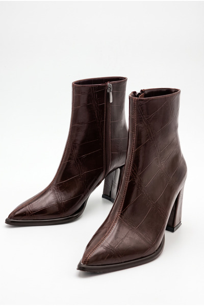 Shoesers Women's Pointed Toe Thick Heeled Brown Croco Design Zippered Boots