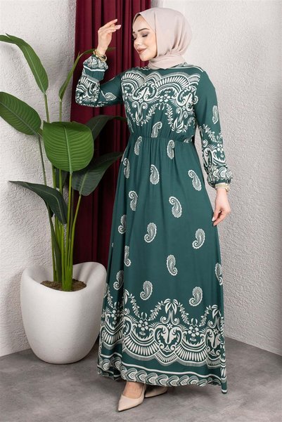 Mestore Elastic Waist Viscose Dress Emerald Green