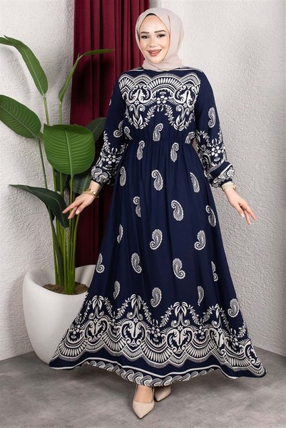 Mestore Elastic Waist Viscose Dress Dark Blue