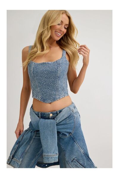 Guess Rhinestones denim corset